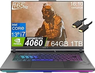 Asus ROG Strix G16 Gaming 16/inches FHD+ 165Hz (Intel 13th Gen Core i7-13650H,64GB DDR5 RAM,1TB PCIe SSD,Gece RTX 4060 8GB) RGB Backlit,Thunderbolt 4,Wi-Fi 6E,IST Cable,Win 11 Home-2023 Eclipse Gray