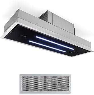 Klarstein High Line Ceiling Hood - Built-In, 90 cm, 410 m3 / h, Circulating/Exhaust Air, 3 Steps, LED, Remote Control, Activated Carbon Filter, Substructure Hood, Stainless Steel/Black Glass