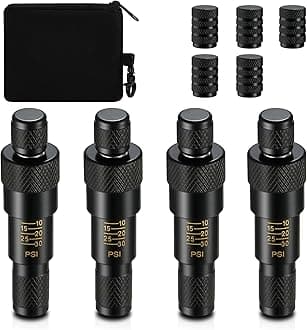 CZC AUTO Automatic Tire Deflator Kit Adjustable (10-30 PSI), 4PCS Screw-On Tire Air Down Tool Tire Deflators Offroad Accessories for Offroad, Jeep & Trucks, 5 Valve Caps & 1 Storage Bag Included