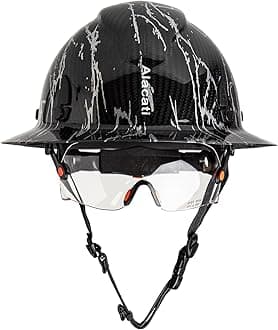 Carbon Fiber Hard Hat Full Brim with Goggles- Safety Helmet with 6-Point Adjustable Ratchet Suspension- ANSI Z89.1 Compliant