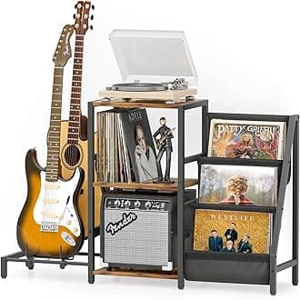 Bikoney Record Player Stand, Guitar Stand for Acoustic, Electric Guitar, Bass with Amp Stand, 3-Tier Vinyl Record Storage Up to 200 Albums, Record Player Table for Record Player, Speaker, Amplifier