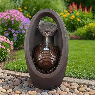 GEEZY Garden Water Feature – Oval Fountain with LED Lights – Mains Powered, Self-Contained, Indoor & Outdoor – Easy Setup, Relaxing & Cascading – Great for Garden, Home, Patio & Balcony Decor