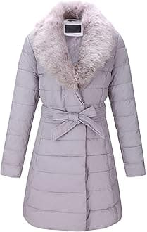 Bellivera Women's Winter Puffer Jacket Cold-Resistant Patchwork Plush Lining Coat with Removable Fur Collar Hooded and Belted