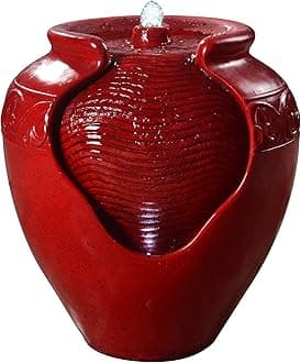 Teamson Home Floor Glazed Pot Water Fountain with Built-in LED Light and Pump for Outdoor Indoor Patio Garden Backyard Decking Home Décor, 17 inch Height, Red