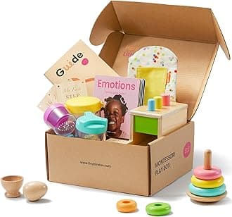 Tiny Land Montessori Toy Set for Babies from 1 Year Old, Thinker Playset - 5-in-1 Wooden Educational Toy with Plug Box, Swing Stacker, Egg Cup, Tin Set and Crinkle Bag