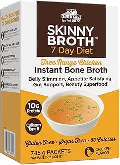 Country Farms Skinny Broth, Instant Chicken Bone Broth, 10G Protein, Collagen Type II, Promotes Better Digestion, Supports Bone Health, 7 Day Plan, 7-15g Packets