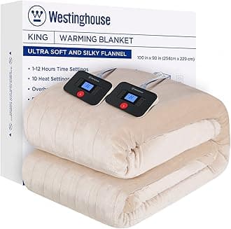 Westinghouse Electric Blanket King Size, Super Cozy Soft Flannel 100"" x 90"" Heated Blanket with 10 Fast Heating Levels & 1-12 Auto-Off, Machine Washable, ETL&FCC Certification, Beige