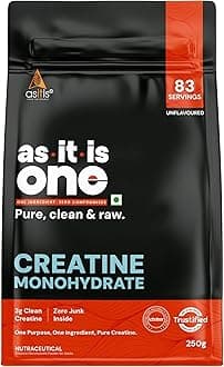 AS-IT-IS Nutrition Creatine Monohydrate USA Labdoor Certified for Accuracy & Purity Pre-Workout Improves Muscle Mass & Recovery and Reduces Muscle Fatigue No Flavors Added , 250 grams