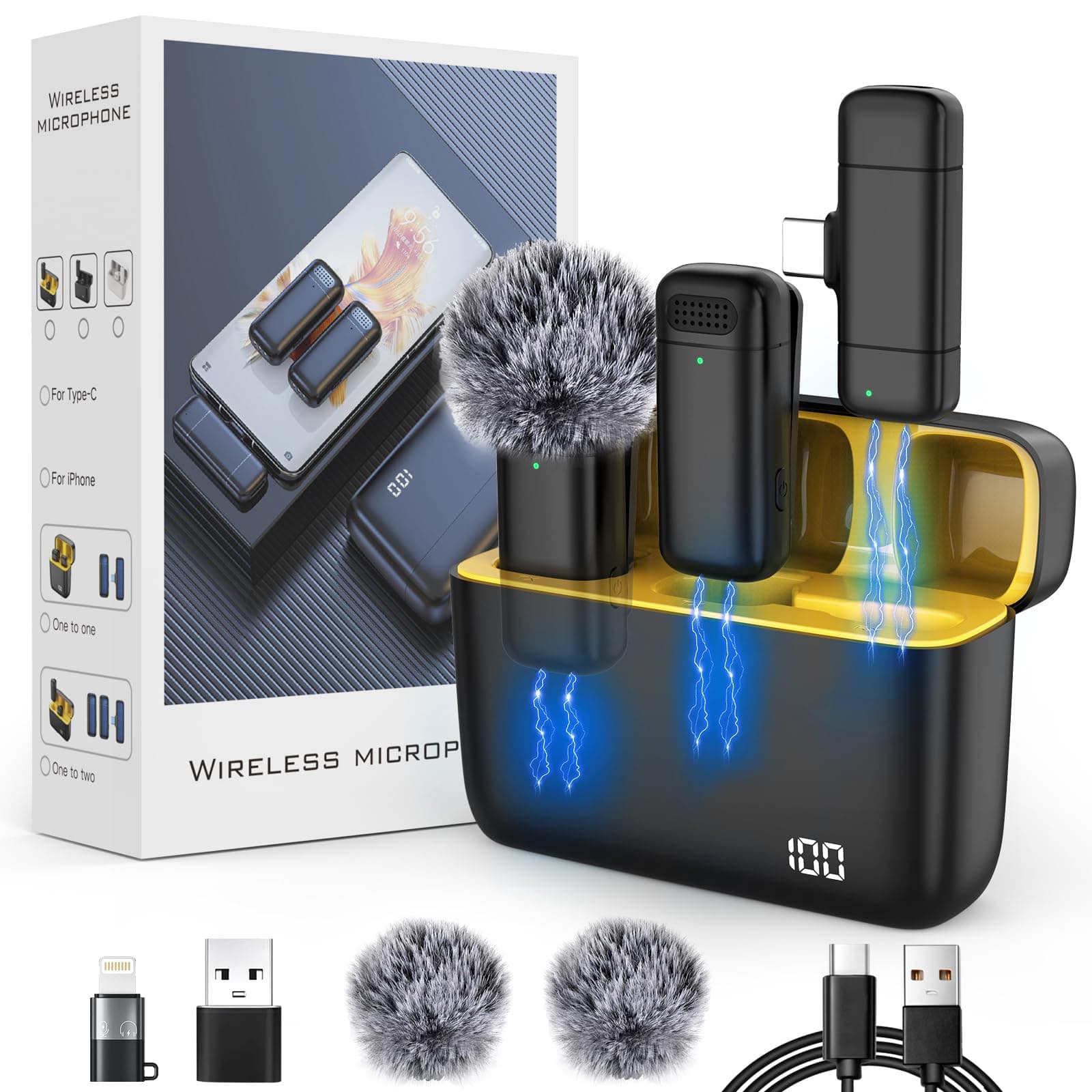 Wireless Microphone with Charging Case for iPhone, iPad, Android, Digital Display, USB C Lavalier Microphone, Noise Reduction for Professional Recording, YouTube, Facebook, TikTok, Vlog Live Stream