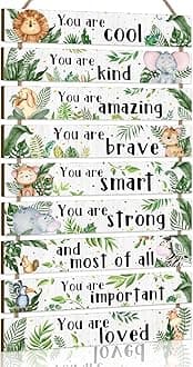 KAIRNE Jungle Animals Hanging Sign,Inspirational Phrases Wall Art for Nursery,Animals Wall Decor,Woodland Animals Wooden Sign for Kids Bedroom,Motivational Quotes Wall Plaques for Babyroom Playroom
