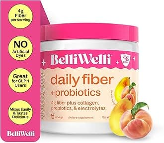 Belli Welli Daily Fiber Powder Supplement with Collagen, Probiotics & Electrolytes | Supports Digestive Health, Gut Balance & Deinflammation | Peach & Mango | 16 Servings