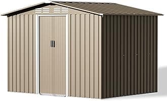 Gotland 8FT x 6FT Sheds & Outdoor Storage, Metal Storage Shed with Sloped Steps Waterproof Sloped Roof, 2 Lockable Slide Doors, Outdoor Shed for Backyard Patio Lawn Brown