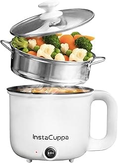 InstaCuppa 3-in-1 1.2 Liter Multi Cook Kettle with Steamer, Non-Stick Inner Pot, Adjustable Temperature, Ideal for Boiling Milk, Tea, Coffee, Eggs, Steaming Veggies, 600 W, Elegant White