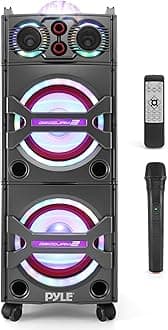 Pyle Portable Bluetooth PA Speaker System - 2000W Active powered Outdoor Bluetooth Speaker Portable PA System w/ Microphone In, Party Lights, USB SD Card Reader, AUX/RCA/FM Radio, Wheels - PSUFM1043BT