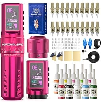 WORMHOLE PRO 80PCS Tattoo Gun Kit with 7 Adjustable Strokes, 1,800 mAh Capacity Replacement Power Supply, Digital LED Display, 20Pcs Tattoo Needles for Artists - Pink