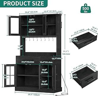 YITAHOME 71'' Kitchen Pantry Storage Cabinet with Microwave Stand, Tall Freestanding Hutch Cabinet with Power Outlet, Pantry Cabinets with Buffet Cupboard, Drawers and Acrylic Doors for Home, Black