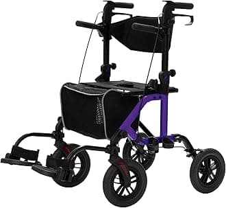 All-Terrain 2 in 1 Rollator Walker & Transport Chair, Folding Wheelchair with 10” Non-Pneumatic Wheels for Seniors, Reversible Backrest & Detachable Footrests, Purple