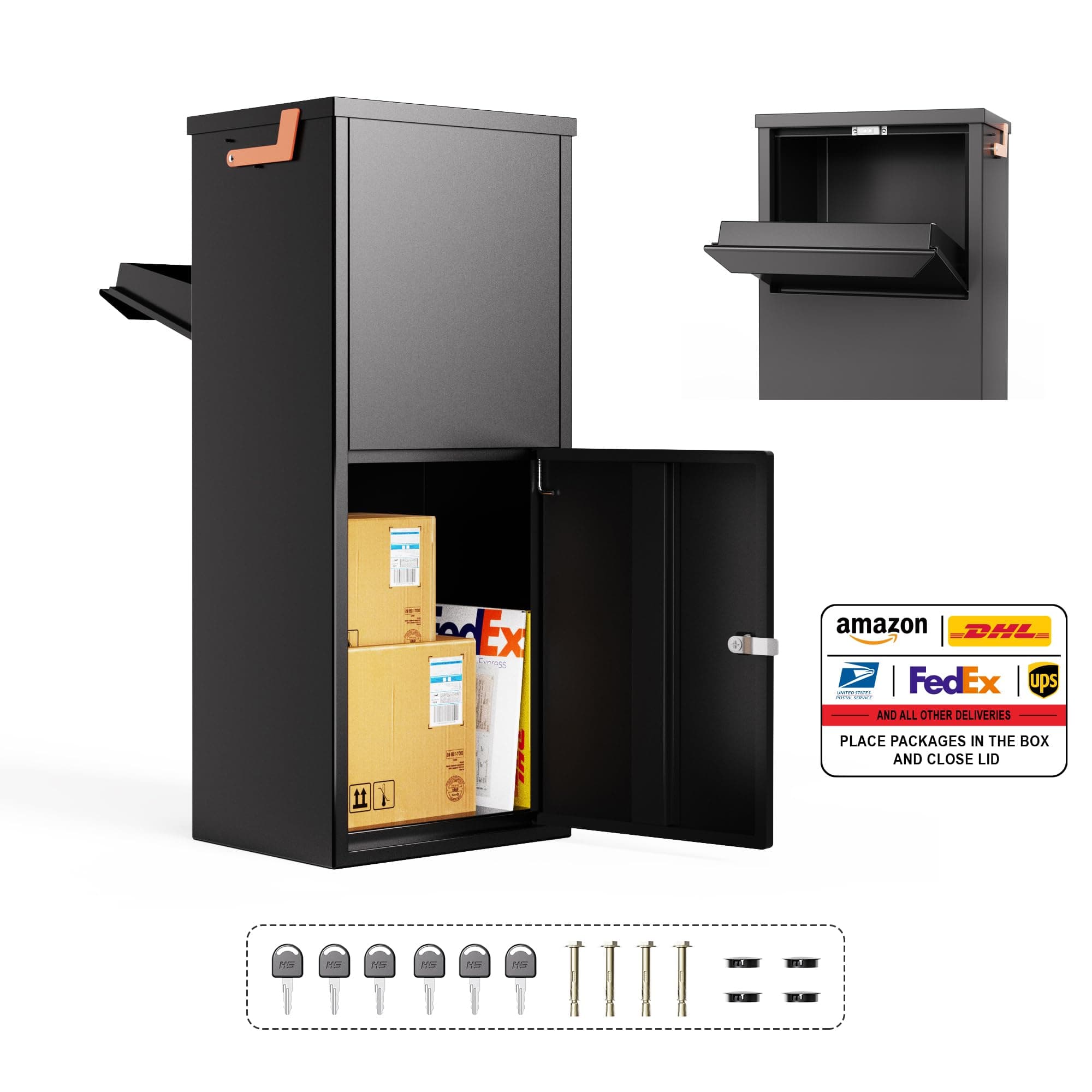 Merapi Parcel Drop Boxes for Outside, 15.24" x 11.42" x 35.47" Cold-Rolled Sheet Package Delivery Boxes, Anti-Theft Lockable Parcel Storage Box for House, Porch, Curbside, Black