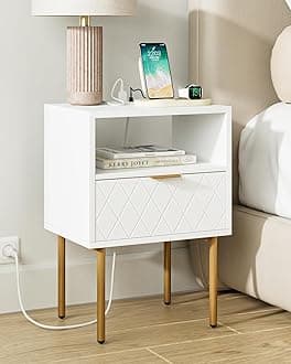 Nightstand with Charging Station, Small Bedside Table with Drawer,Drawer Dresser for Bedroom, Bedside Furniture,Night Stand,End Table with Gold Frame for Bedroom,Living Room,White