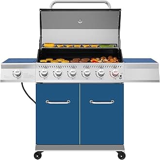 Royal Gourmet GA6402B 6 Burner Propane Gas Grill with Side Burner and Warming Rack, 74,000 BTUs, Cabinet Style Gas BBQ Grill for Barbecue Grilling & Backyard Cooking, Blue