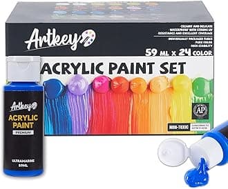 Artkey Acrylic Paint Set - 24 colors 2oz/59ml Acrylic Paints Professional Artists Painting Kit for Canvases Fabric Rock Leather Easter Egg Wood Ceramic Glass Art Craft Painting
