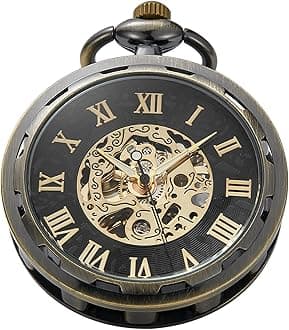 Uncovered Men's Mechanical Pocket Watch with Chain, Uncovered Roman Design Dial Chain Mechanical Pocket Watches for Men