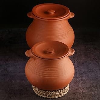 Swadeshi Blessings Exclusive Range Unglazed Clay Pot for Cooking & Serving with Lid/Earthen Kadai/Mud Handi/Mitti Ke Bartan (with Mirror Shine) + ASH for Cleaning (Combo-2&3 Liters)