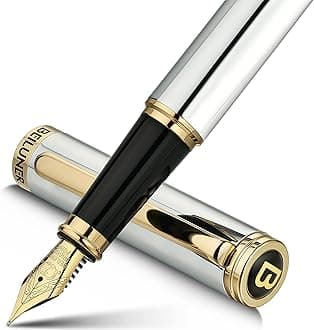 BEILUNER Silver Chrome Fountain Pen,Stunning Luxury with 24K Gold Accents, Gorgeous 24K Gilded Nib(Fine), Trustworthy Pen Gift for Men&Women -Ink Converter-Elegant, Graduation,Nice Pen for Writing
