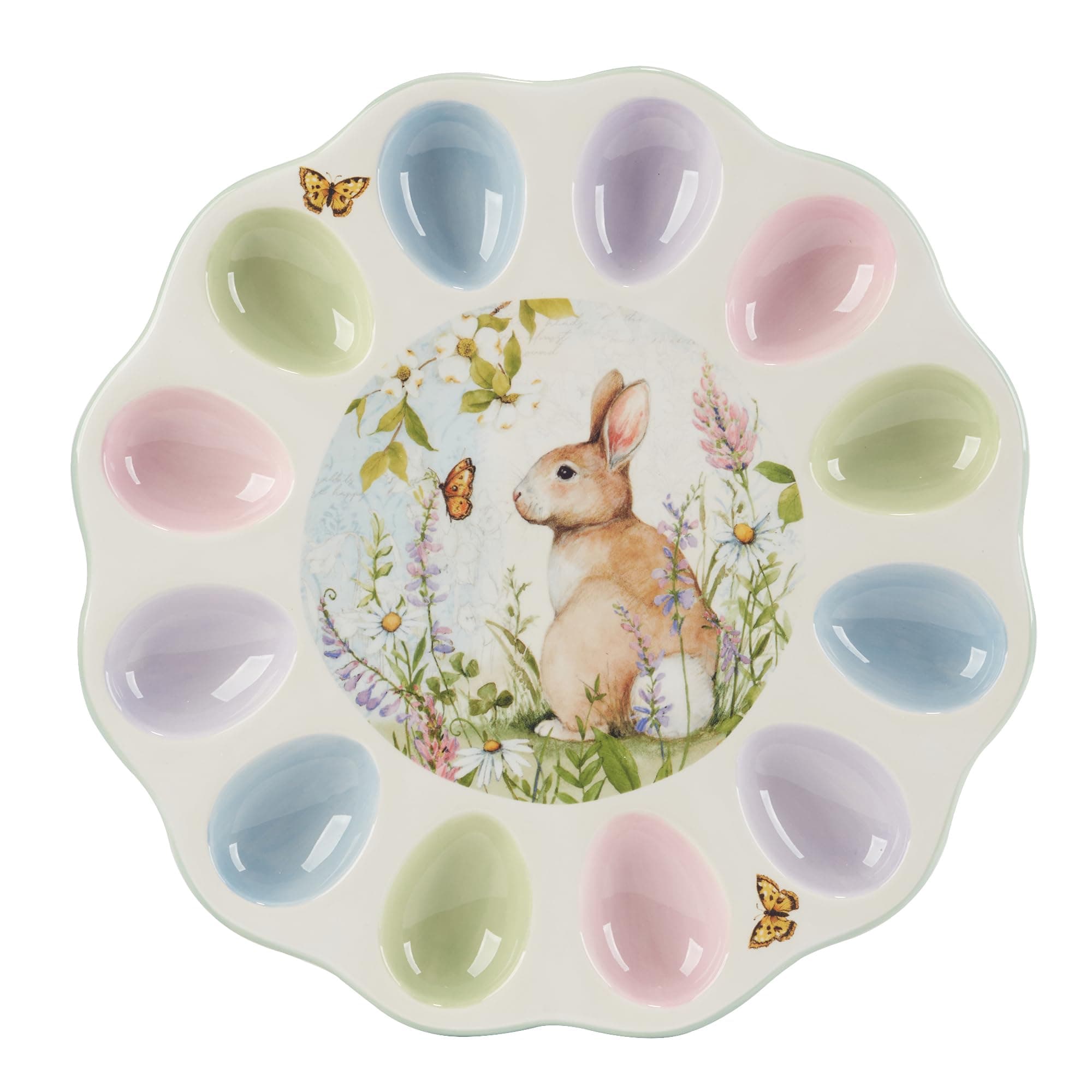 Certified International Easter Meadow 12.25-Inch Ceramic Deviled Egg Plate – Whimsical Bunny & Floral Design, Perfect for Deviled Eggs, Easter Treats & Small Appetizers – Dishwasher Safe