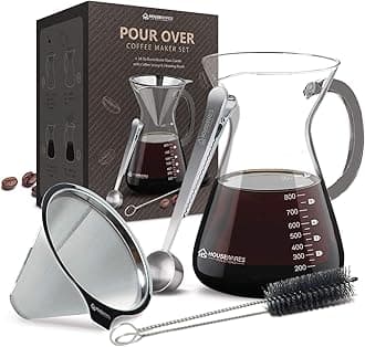 Pour Over Coffee Maker Set - 34 oz Large Borosilicate Glass Carafe, Thickened Rust Resistant Heat Resistant Double-Layer Stainless Steel Dripper/Filter with Coffee Scoop and Cleaning Brush