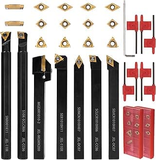 21 PCS Kit,Indexable Lathe Turning Tool,3/8" 10mm Shank,7Pcs Metal Lathe Cutting Holder with 14Pcs Carbide Turning Inserts,Carbide Lathe Turning Tools for Turning Grooving Threading Boring