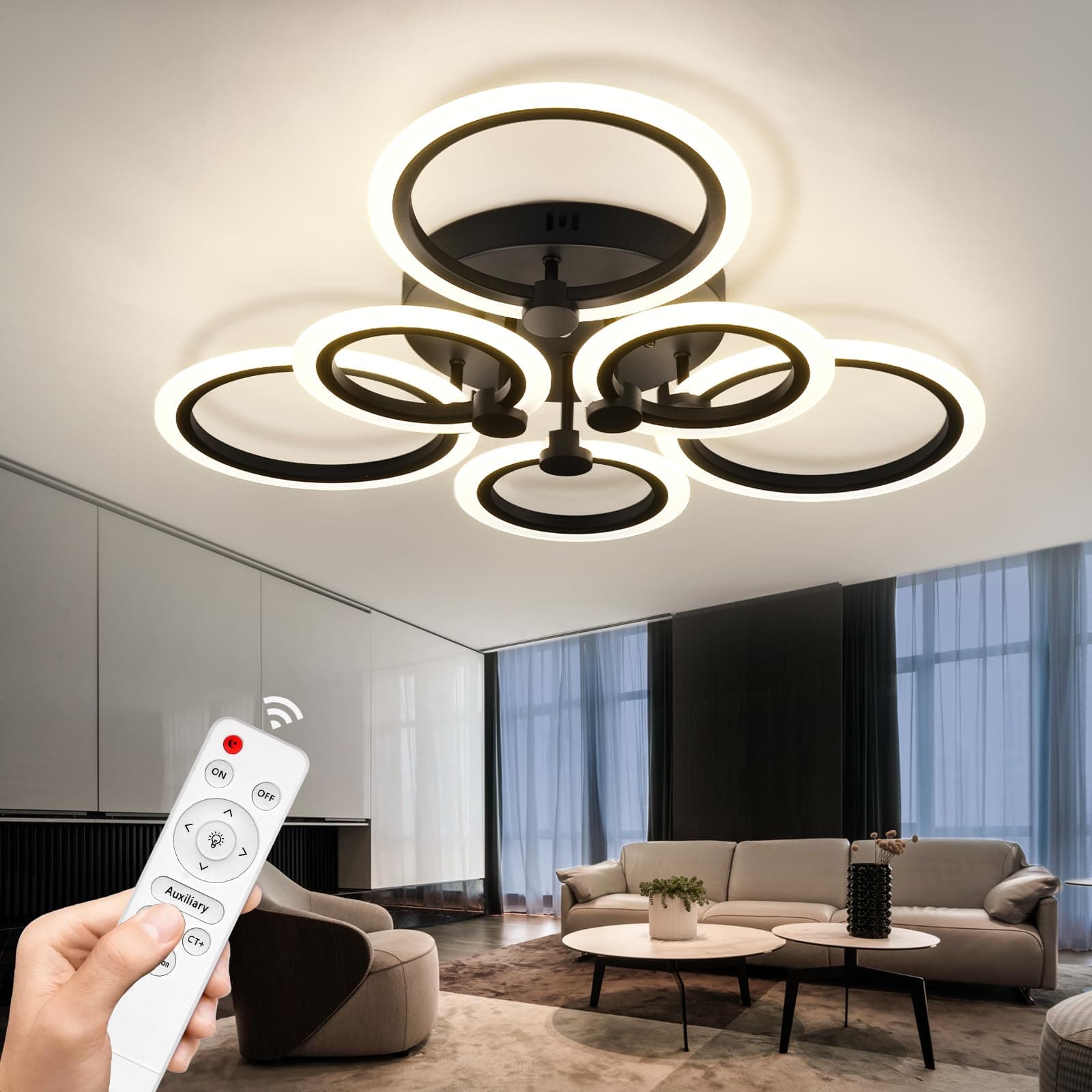Modern LED Ceiling Light,Dimmable 6 Rings Flush Mount Ceiling Light Fixtures,3000K-6500K 81W Ring Ceiling Lamp with Remote for Bedroom,Dining Room,Living Room,Black
