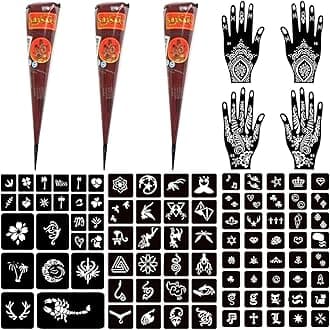Temporary Tattoo Kits 3 Henna tattoo cones 101 Stencils Semi Permanent Tattoo Markers Jagua Gel for Women Men Kids DIY Art Painting Party Gifts
