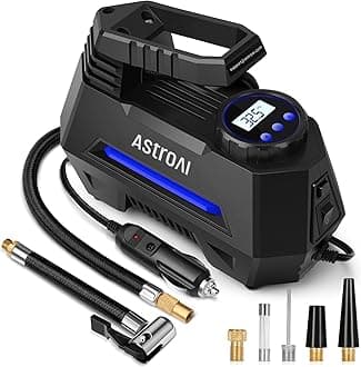AstroAI Portable Air Compressor Pump, 12V Digital Tire Inflator With Gauge, 100PSI LED Light, Larger Flow, Extra Nozzle Adaptors for Car, Bicycle, Motorcycle, Ball, Mattress