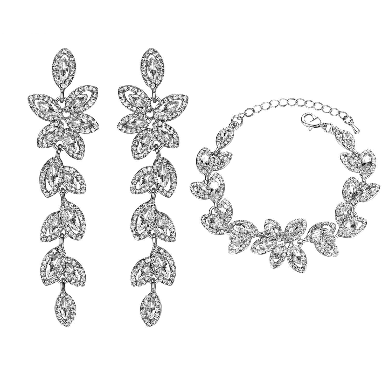 Flower Teardrop Earring and Bracelets Silver/Gold/Champagne Bridal Jewelry Sets for Women