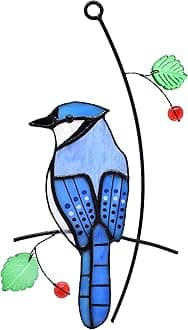 Lolitarcrafts Blue Jay Modern Stained Glass Window Hangings Blue Birds Suncathers for Window