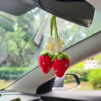 Crochet Strawberry Car Accessories，Cute Rearview Mirror Hanging，Car Accessories Gift，Car Decoration Interior for Teen Girls，Car Accessories for Women Aesthetic