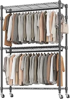 BATHWA Heavy Duty Garment Rack on Wheels, Rolling Clothes Racks for Hanging Storage, Simple Sturdy Metal Wardrobe Closet with Double Rods, 8 Side Hangers, 3 Shelves, Black