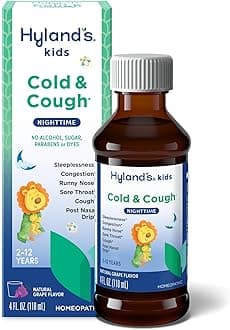 Hyland's Kids Cold and Cough, Nighttime Grape Flavor Cough Syrup Medicine for Kids Ages 2 and up, Decongestant, Sore Throat, and Sleeplessness Relief of Common Cold Symptoms, 4 Fl Oz