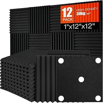Acoustic Foam Panels 12 Pack 1" x 12"x 12" High Density Soundproofing Wedges for Wall Sound Proof Foam Panels Noise Absorbing Blocker and Sound-Damping Black Perfect for Studio Office Gaming Room