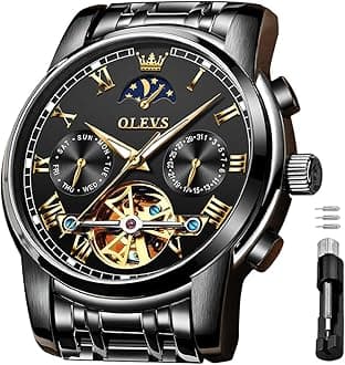 OLEVS Self Winding Watches for Men Automatic Mechanical Skeleton Luxury Dress Waterproof Moon Phase Tourbillon Chronograph Stainless Steel Luminous Wristwatch