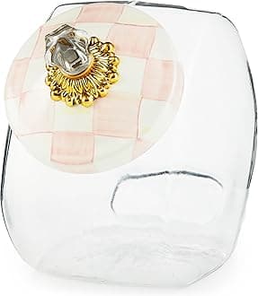 MACKENZIE-CHILDS Cookie Jar with Enamel Lid, Large Glass Treat Jar or Kitchen Jar, 1-Gallon Capacity, Pink-and-White Rosy Check