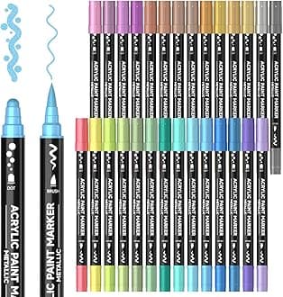28 Metallic Colors Dual Tip Acrylic Paint Markers, Brush Tip and Dot Tip Acrylic Paint Pens for Rock, Ceramic, Wood, Canvas, Plastic, Glass, Stone, Calligraphy, Card Making, Crafts & Nail Art
