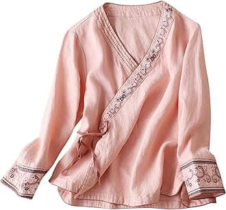 Women Cotton Linen Shirts Vintage Chinese Embroidery 3/4 Sleeve Casual Trendy Tops Loose V Neck Side Tie Slit Blouse