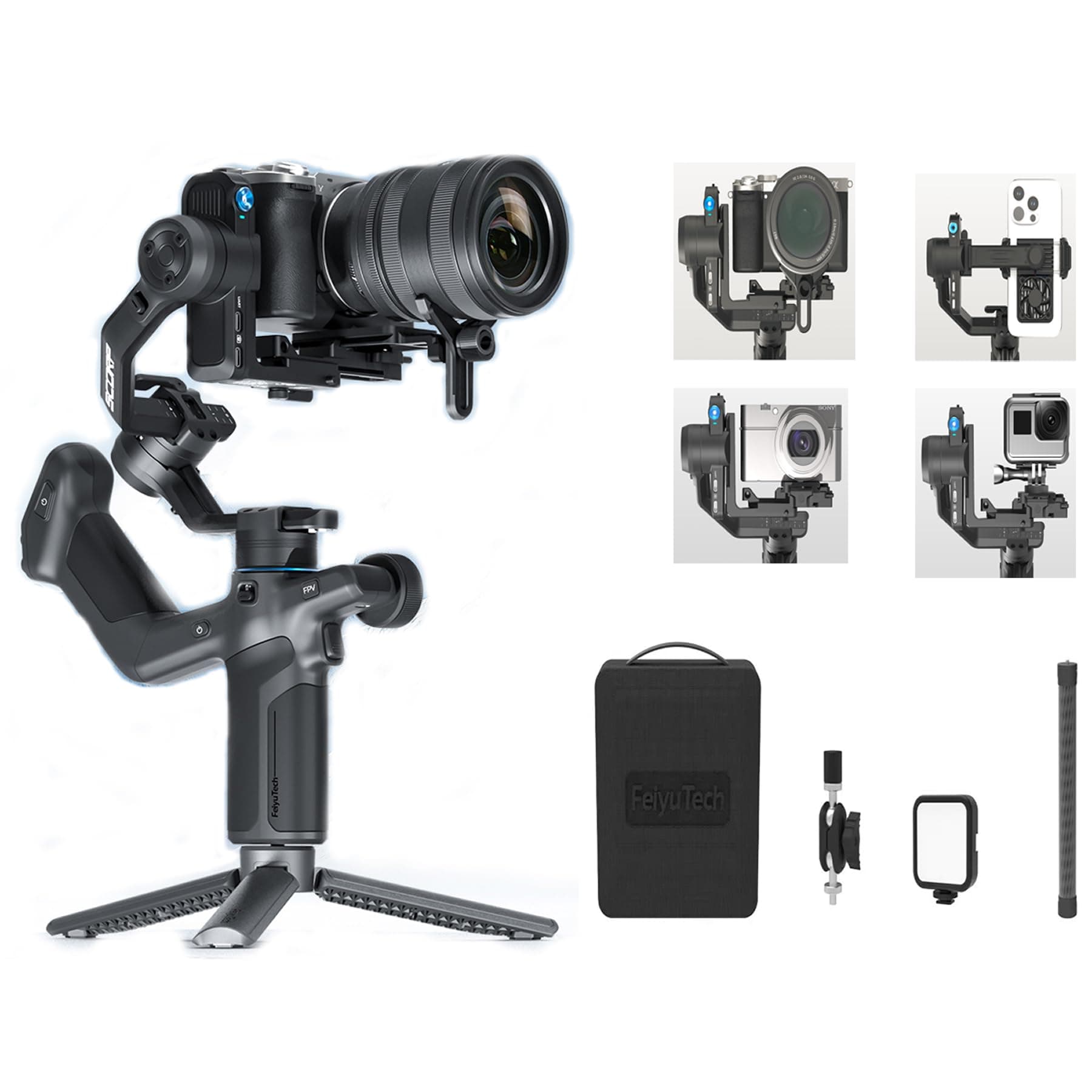 - FeiyuTech SCORP Mini 3 Pro Kit 3-Axis Camera Stabilizer,Built-in AI Track,All in One Handheld Gimbal for Mirrorless, Pocket Camera,Action Camera, Phone, 2KG Payload