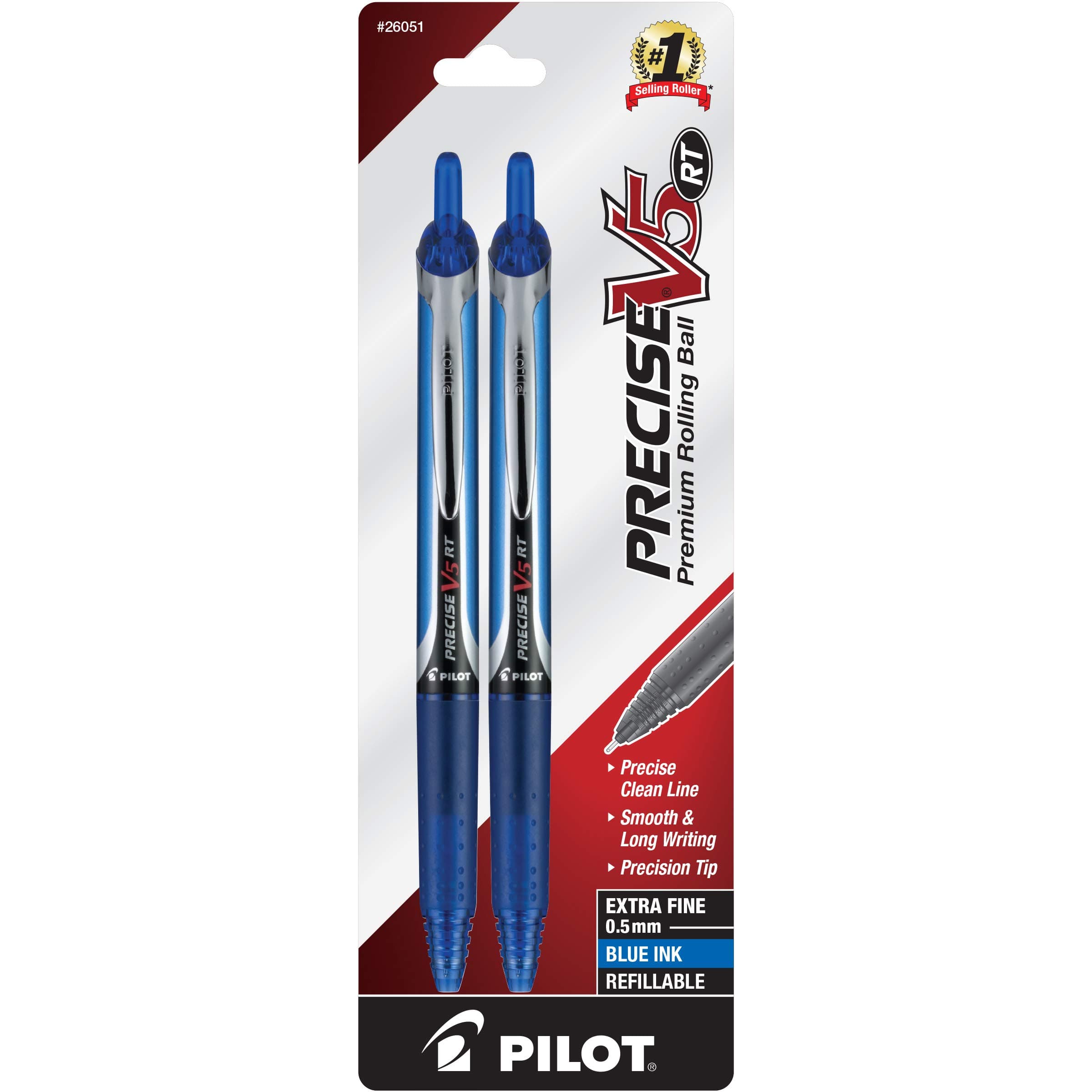 Precise V5 RT Refillable & Retractable Rollerball Pens, Extra Fine Point Pens 0.5 mm, Blue, Pack of 2 - Ideal for School, Journaling & Office Writing