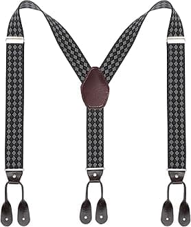 Mens Button End Suspenders Braces - 1.37 Inches Wide Y Shape Adjustable Button End Elastic Suspender