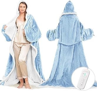 Wearable Heated Blanket with Foot Pocket, Electric Wearable Throw Blanket with Sleeves, Hood, Portable Heated Blanket with 8 Heat Settings, 1-10 Hours Auto Shut-off, Gift for Family, Friends, 50*70"