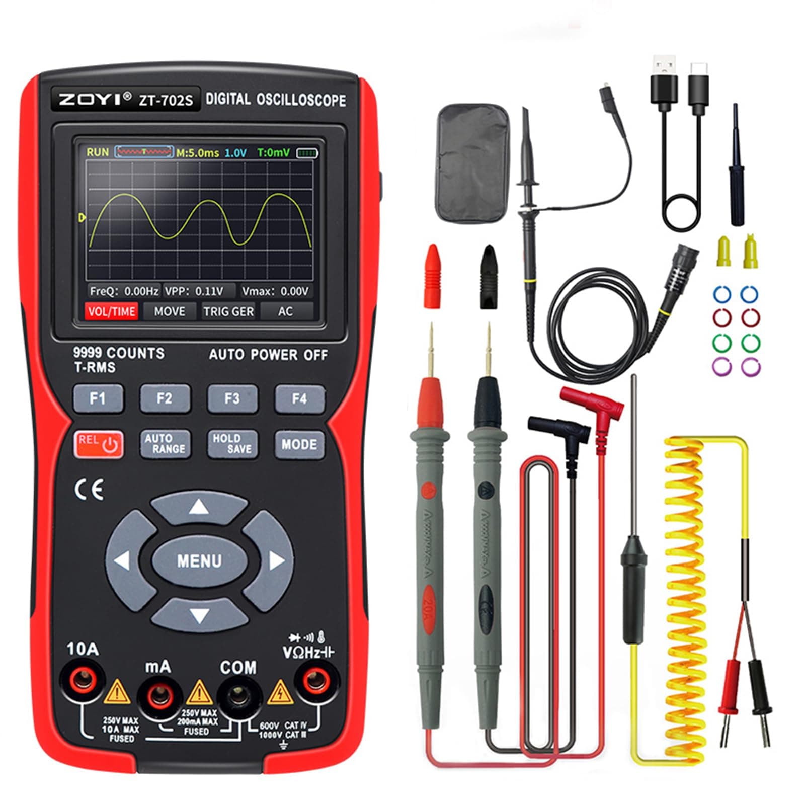 702S 2 in 1 Handheld Digital Automotive Oscilloscope Multimeter, Single Channel 10MHZ Bandwidth,64Kbyte Record Length,48MSa/s High Sampling Rate，amp ohm Volt Meter Tester、Voltage/Current Test