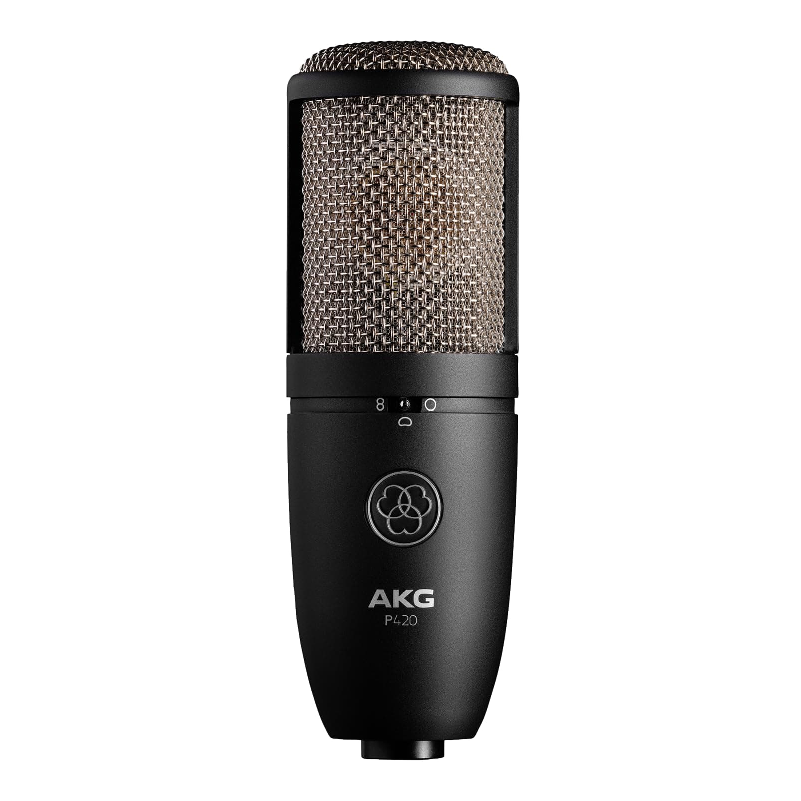 Pro Audio P420 Multi-Pattern Condenser Microphone with Shock Mount and Case. Great for ensemble recording, grand piano, woodwind, brass instruments, drums and percussion. Black and Gold.